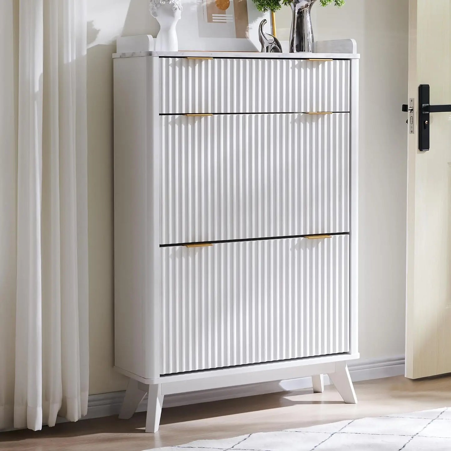 Fluted Shoe Storage Cabinet with 2 Flip Drawers & Sliding Door, 4-Tier Adjustable Shelves, 47" Wide Freestanding Shoe Organizer