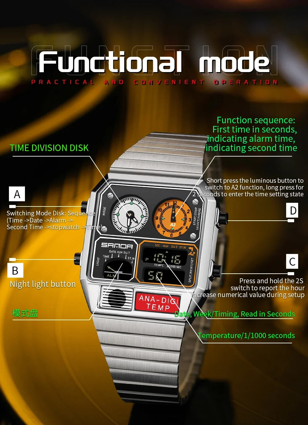 SANDA 3192 Youth Casual Multi-function Thermometer Stopwatch Chronograph Men’s Watch Hot-selling LED Electronic Square Men's