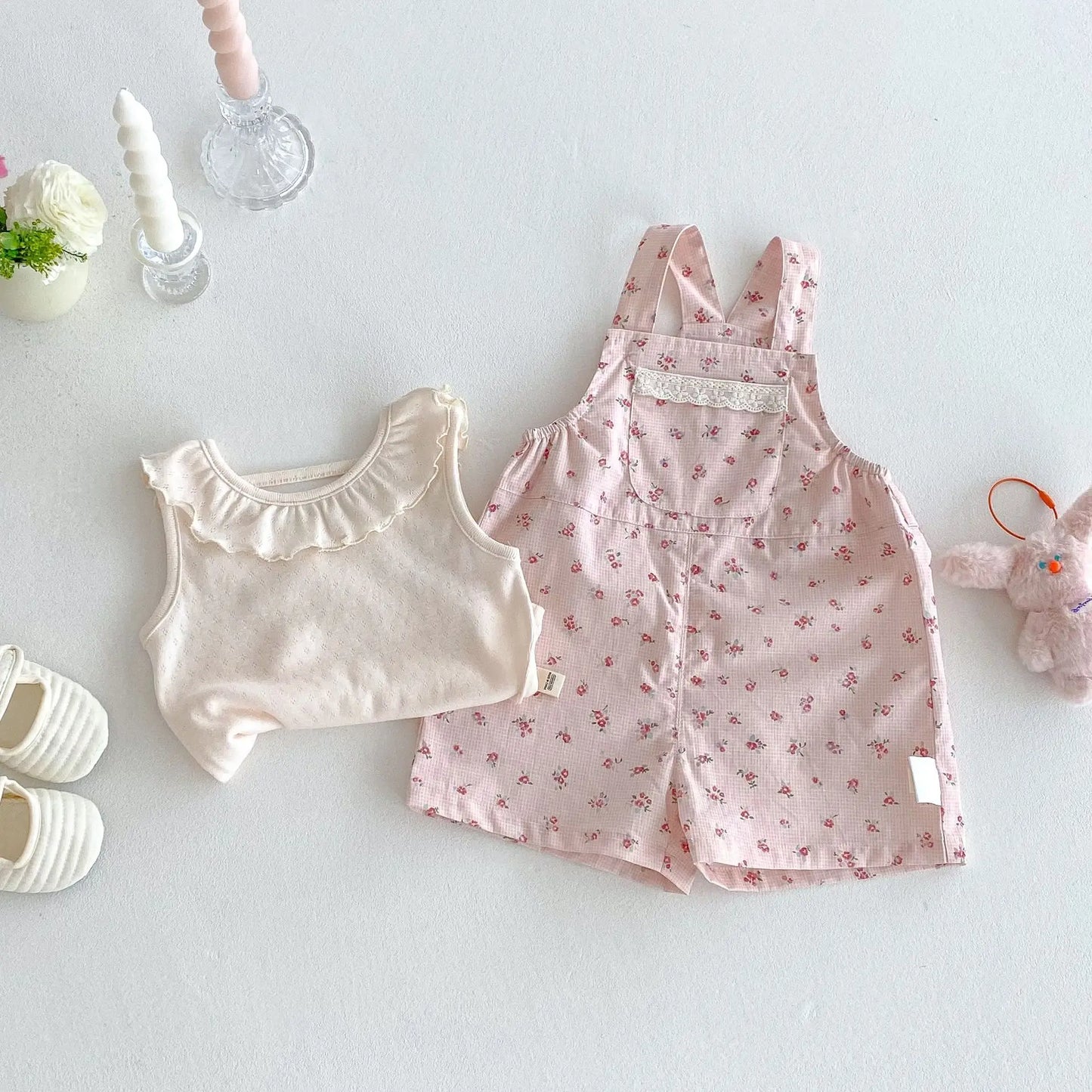 2025 New Summer Baby Girl Korean Style Clothes Breathable Cotton Polyester Ruffled Doll Collar Vest & Floral Overalls