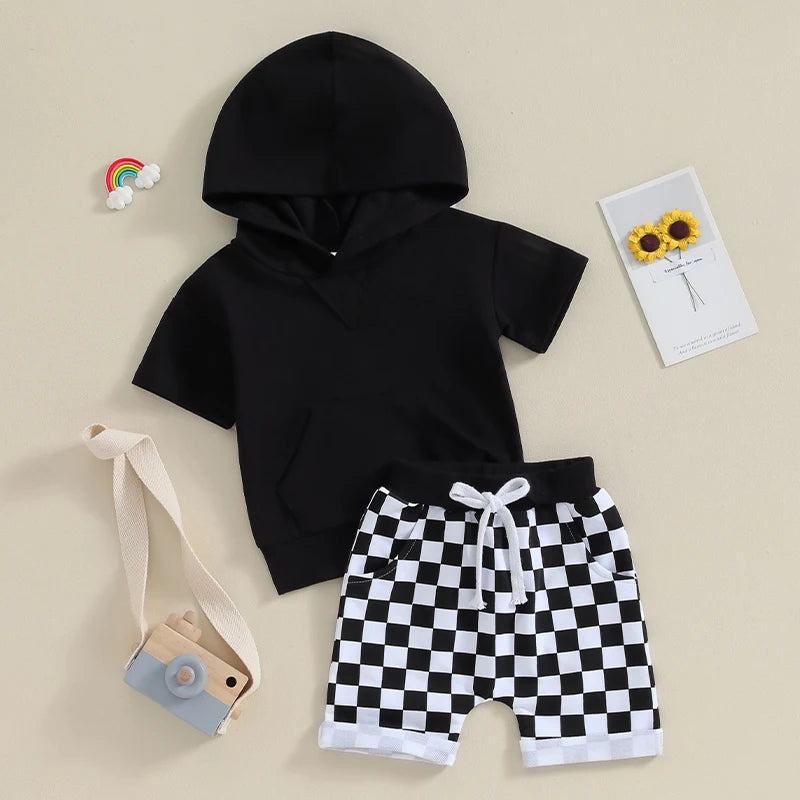 Lioraitiin 0-3Y Toddler Baby Boy Summer Outfit Contrast Color Short Sleeve Hooded T Shirt Top Elastic Shorts Clothes