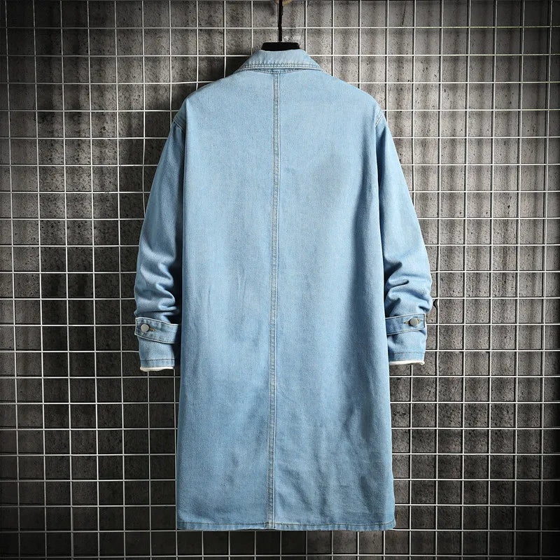 2025 Spring Men Denim Jacket Men Loose Mid-Length Denim Casual Coat Male Turn-Down Collar Trenchcoat Korean Fashion Outerwear