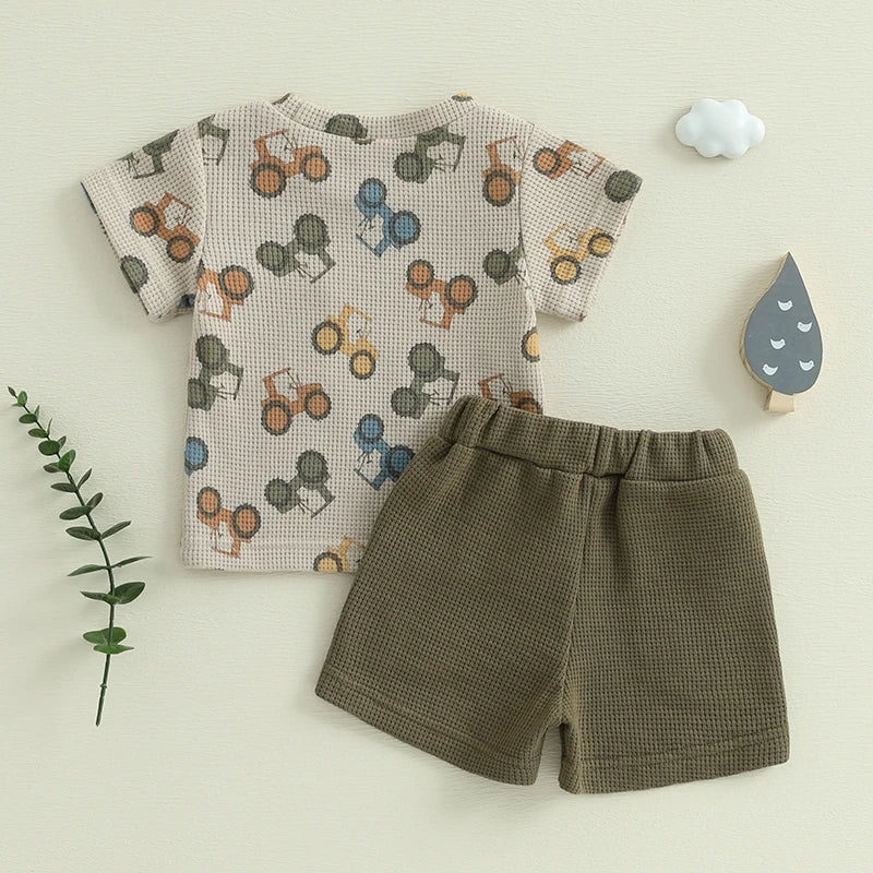 Lioraitiin Toddler Baby Boy Summer Outfit Waffle Tractor Print Short Sleeve T-shirts Solid Elastic Waist Shorts Summer Set
