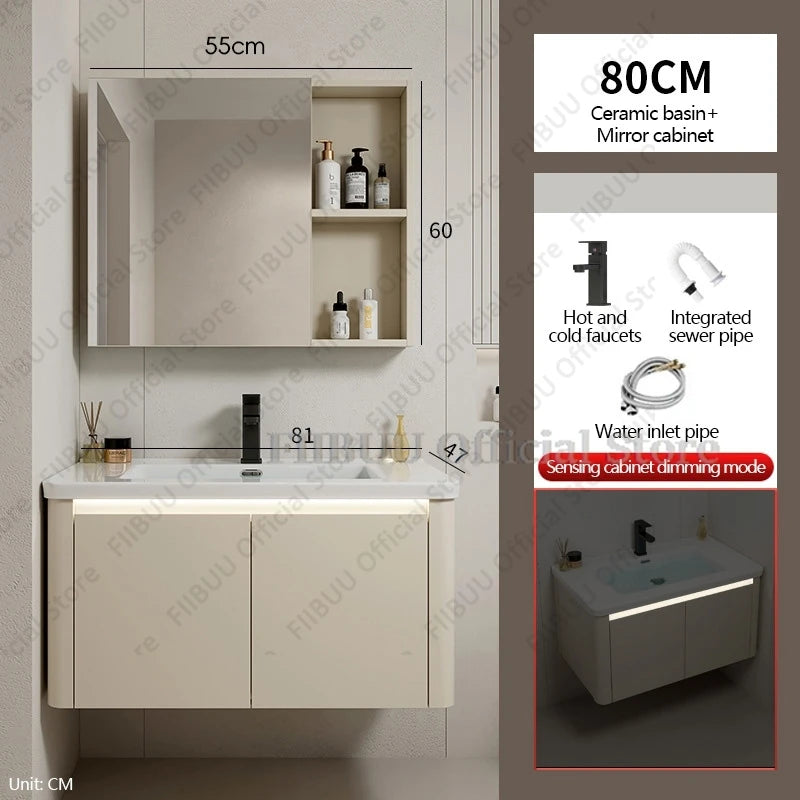 Bathroom Cabinet with Rounded Corners Ceramic Washbasin Wall-mounted Bathroom Dressing Storage Cabinet with Mirror and Faucet