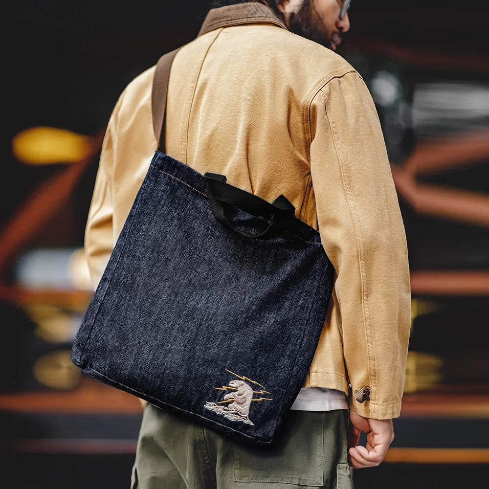 Maden Retro 14oz Denim Bags Unisex Single Shoulder Crossbody Bags Embroidered Versatile Hand-held Flat-panel Tote Bags for Daily