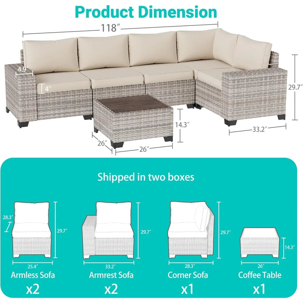 6-Piece Outdoor Patio Furniture Set Wicker Sectional Sofa Set, Patio Conversation Set with Thickened Cushions & Coffee Table