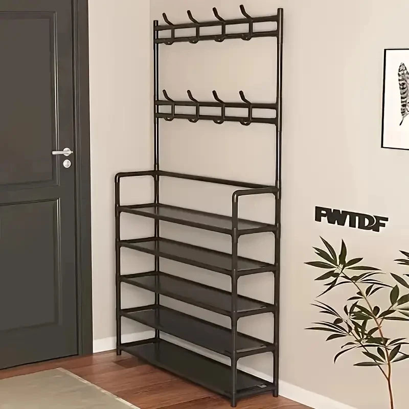 Entryway Coat Rack, Shoe Rack for Entryway, Coat Rack Freestanding with 4-Tier Storage Shelves and 8 Double Hooks, for Living Ro