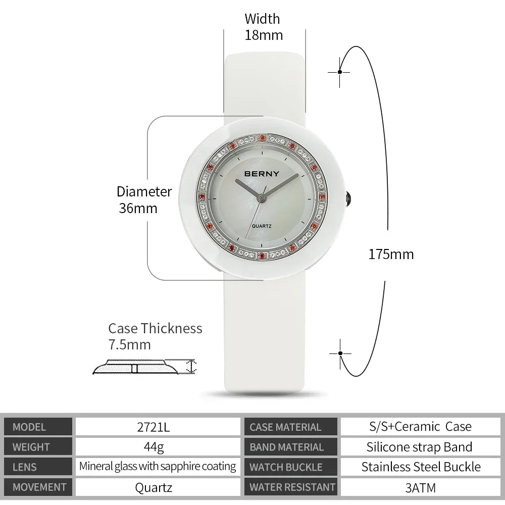 BERNY Women's Bracelet Watches Diamond Ceramics Watch Luxury Wristwatch Quartz Watch Waterproof Ultra Light weight Women Watch