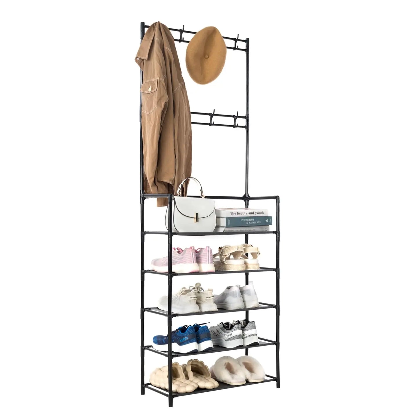 Entryway Coat Rack, Shoe Rack for Entryway, Coat Rack Freestanding with 4-Tier Storage Shelves and 8 Double Hooks, for Living Ro