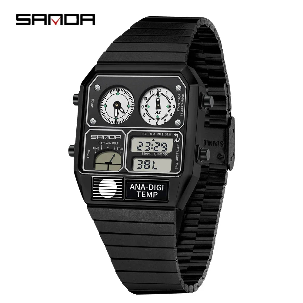 SANDA 3192 Youth Casual Multi-function Thermometer Stopwatch Chronograph Men’s Watch Hot-selling LED Electronic Square Men's