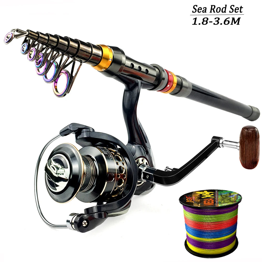 1.8-3.6m Spinning Fishing Rod Reel Combo Travel Carbon Sea Pole 5.2:1 Gear Ratio Metal Spool Wheel with Line Kits for Bass Carp
