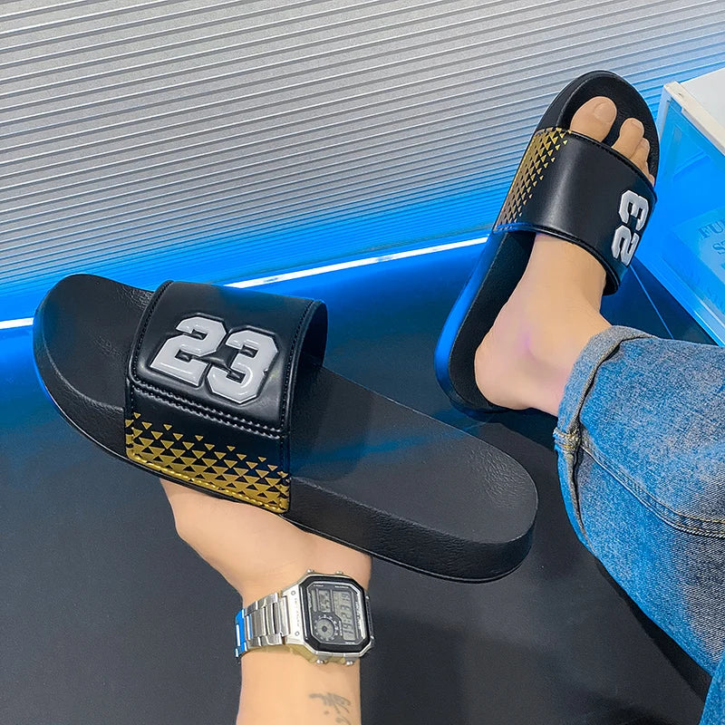 (Couple Model) Numbers No. 23 Men's and Women's Slippers, Soft Eva Flat Non-Slip Family Slippers, Men's Bathroom Slippers, Summer Men's Beach Slippers, Plaid and Durable, Suitable for Daily Casual Wear at Home and Outdoors