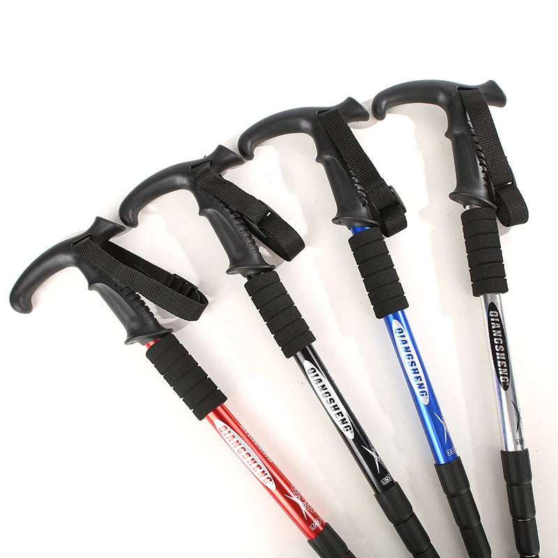 Four-section T-handle Trekking Pole Outdoor Travel Cane Climbing Pole Aluminum Alloy Telescopic Pole Hiking Walking Stick