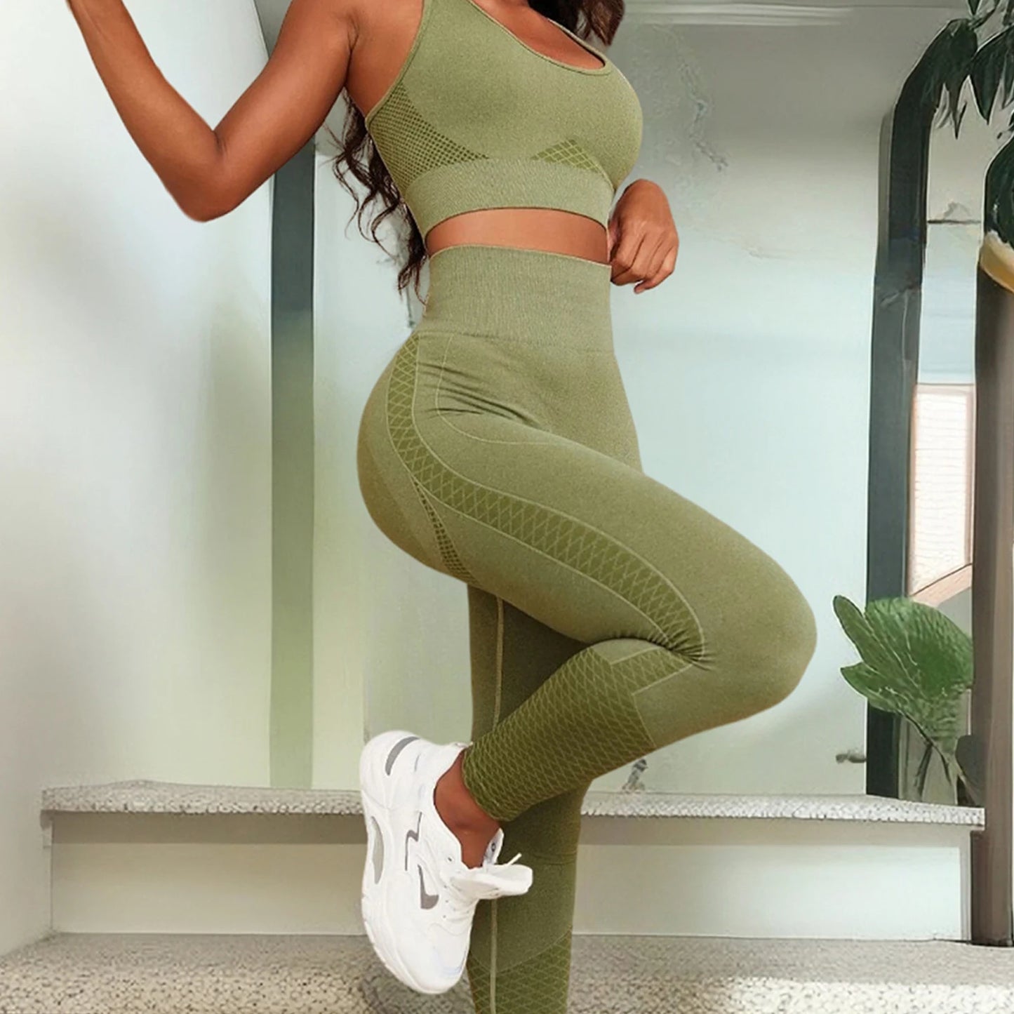 Women's Tracksuit Fitness Suit Yoga Sets Sportswear Outfit Solid Color Tank Tops with High Waist Leggings Seamless Tracksuit Set