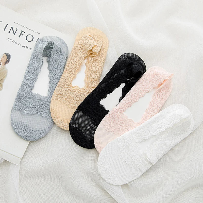 5 Pairs Socks Women's Lace Invisible Short No-Show Ankle Foot Summer Cotton Transparent White Low Cut Boat Sock