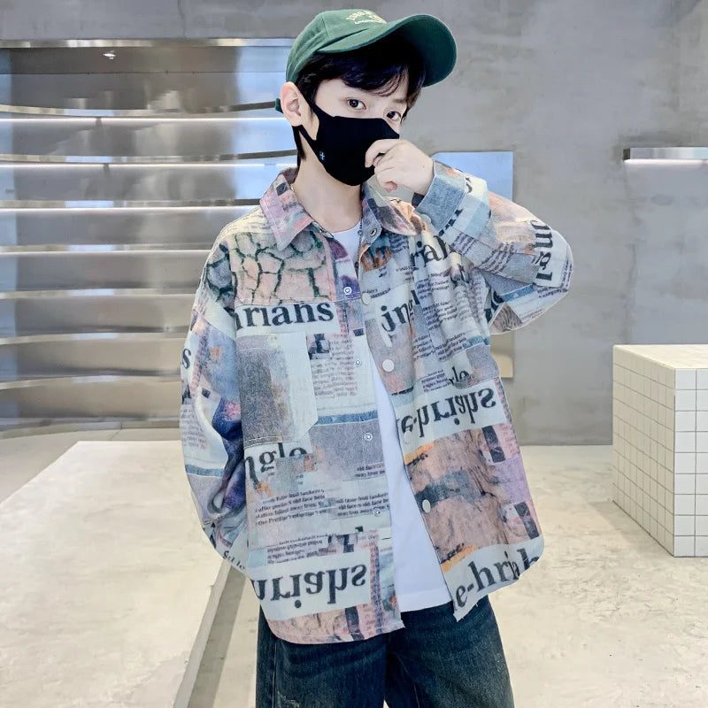 New Fashion Baby Boy Clothes with Newspaper Print Shirt For Kids Boy Autumn Newspaper Print Clothing Age 5 6 7 8 9 10 11 12 14Y