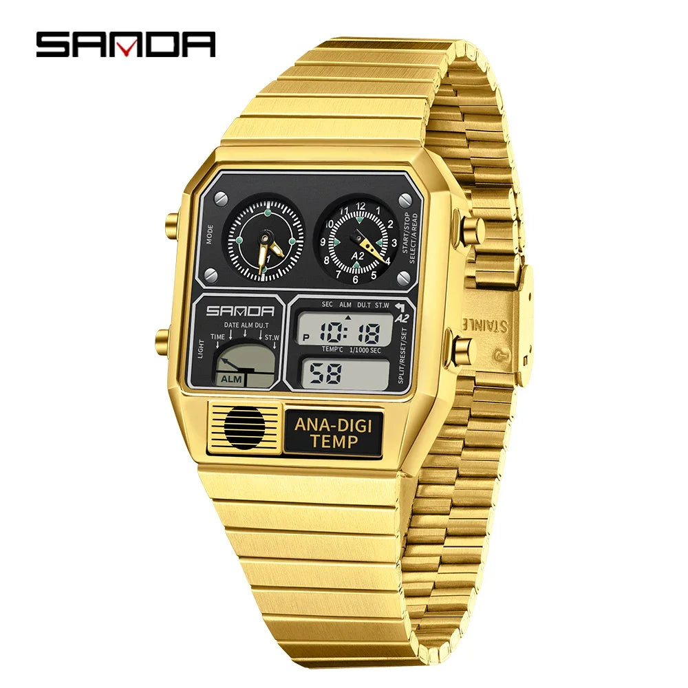SANDA 3192 Youth Casual Multi-function Thermometer Stopwatch Chronograph Men’s Watch Hot-selling LED Electronic Square Men's