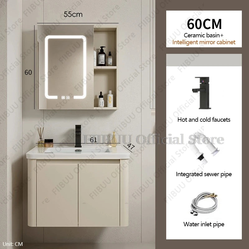 Bathroom Cabinet with Rounded Corners Ceramic Washbasin Wall-mounted Bathroom Dressing Storage Cabinet with Mirror and Faucet