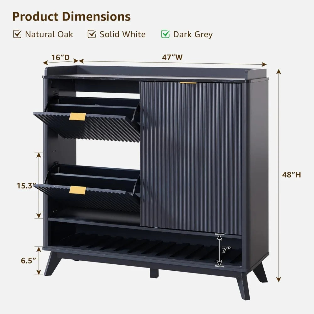 Fluted Shoe Storage Cabinet with 2 Flip Drawers & Sliding Door, 4-Tier Adjustable Shelves, 47" Wide Freestanding Shoe Organizer