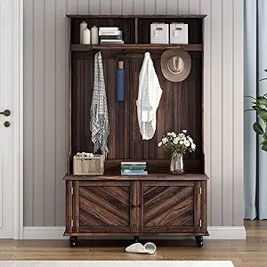 Hall Tree with Bench And Shoe Storage,6-In-1 Hall Tree with Coat Rack And Drawer,Entryway Hall Tree with 4 Hooks And Removable C