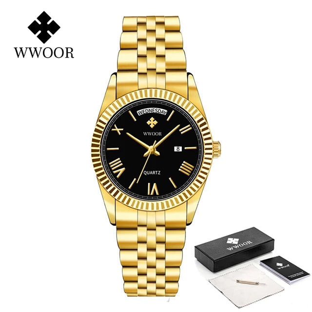 WWOOR Luxury Watches Gift For Men Waterproof Stainless Steel Date Clock New Men Quartz Wristwatches Male Watch Relogio Masculino