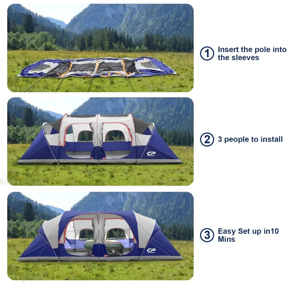 Tent-12-Person-Camping-Tents, Waterproof Windproof Family Tent with Top Rainfly, 6 Large Mesh Windows, Double Layer, Easy Set U