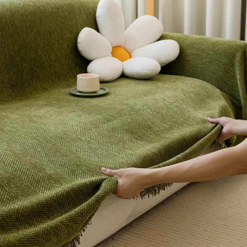 Sofa Towel Living Room Sofa Cover Solid Non Slip Washable Breathable Tassel Edge Cushion Home Decoration
