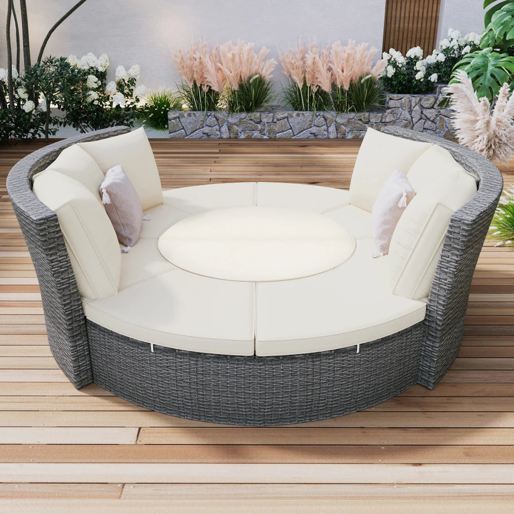 5-PCS Round Rattan Sectional Sofa Set All-Weather PE Sunbed Daybed with Round Liftable Table for Outdoor Backyard Poolside Gray