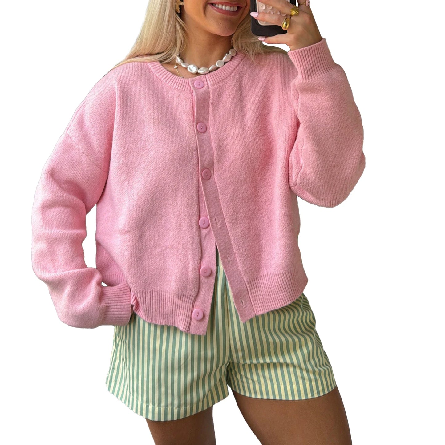 Women s Classic V-Neck Button Down Cardigan Sweater Long Sleeve Knit Top with Ribbed Cuffs and Hem