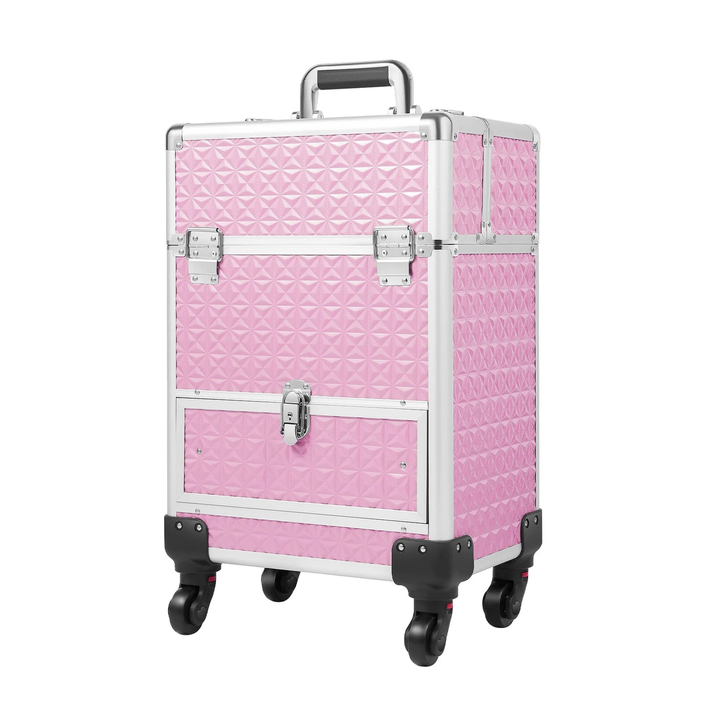 Pink Makeup Luggage Suitcase on Wheels Large Rolling Trolley Makeup Case with Telescopic Handle for Professional Makeup Artist