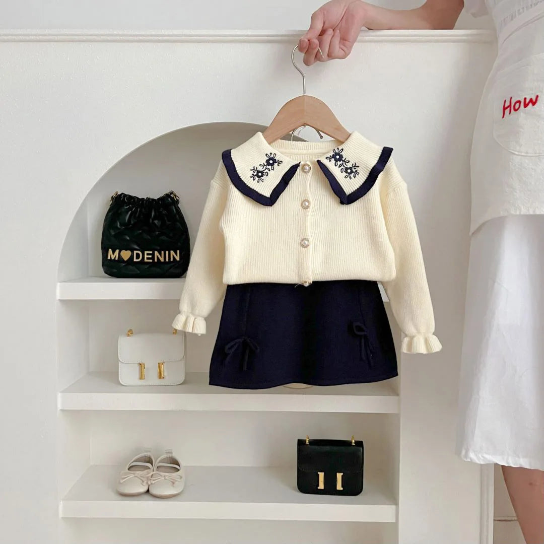 Baby Girl Elegant Embroidery Collar Knitted Clothes Set Cardigan+Skirt Infant Toddler Child Clothing Suit Baby Clothes 1-7Y