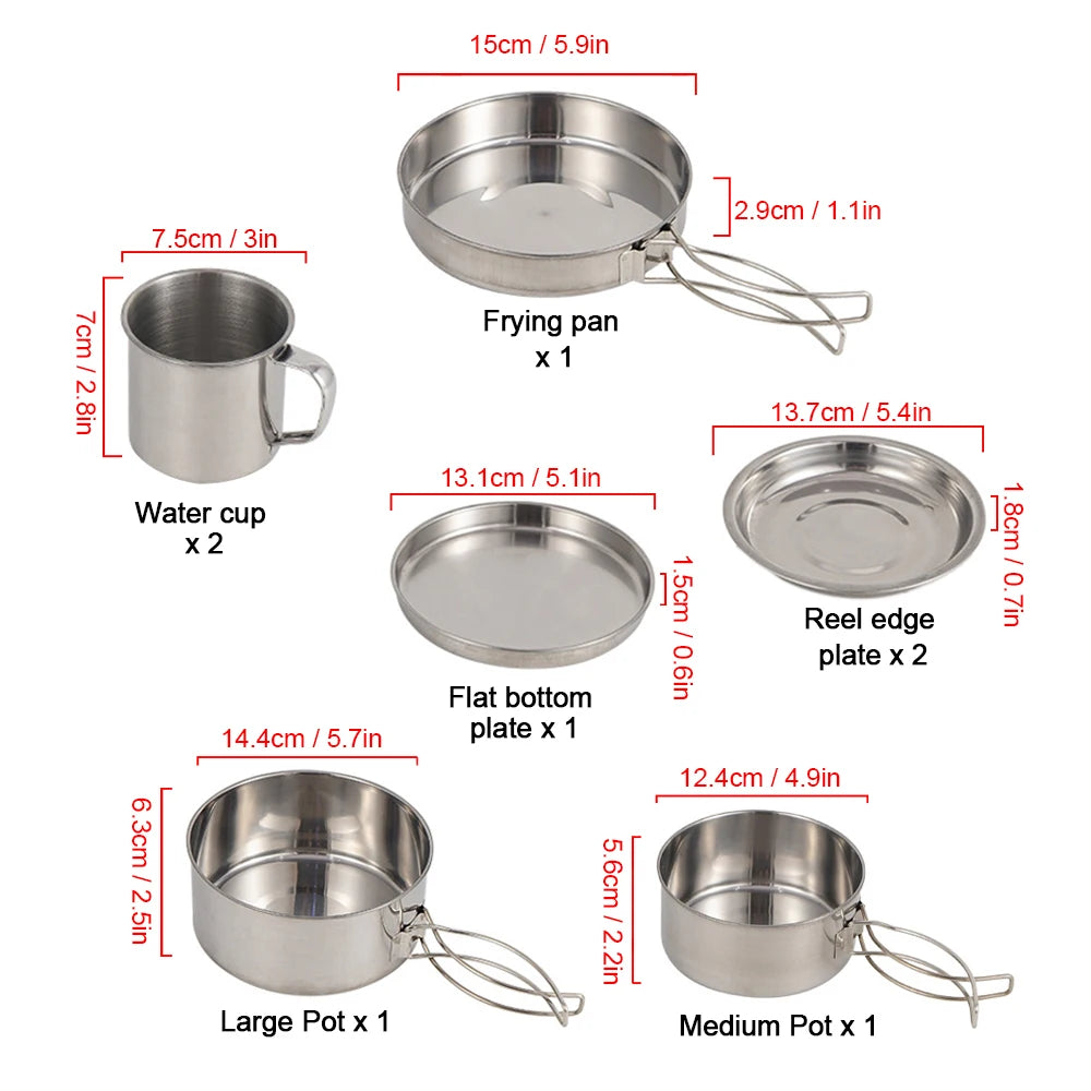 Camping Cookware Mess Kit 8PCS Stainless Steel Cooking Pot and Pan Set with Plates Cups for Outdoor Camping Hiking Backpacking