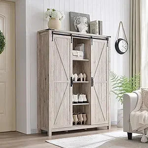 Shoe Cabinet with 2 Sliding Door, 6-Tier Adjustable Shelves, Farmhouse Shoe Organizer for Entryway, Living Room, 60" Tall Large