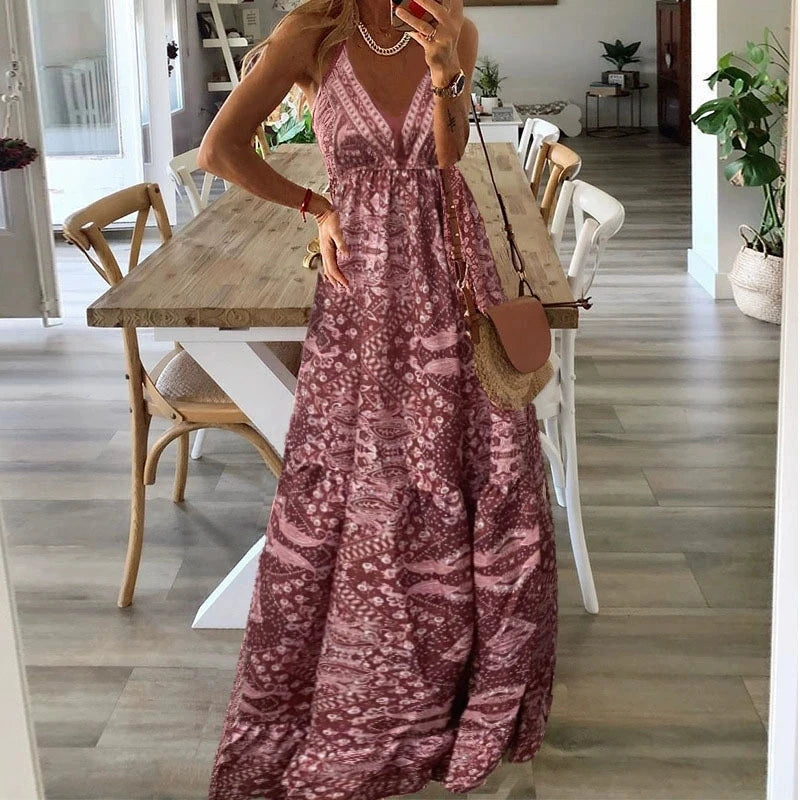 Bohemian Style Women's Clothing Long Dress New Suspender Long Dress High Waist V-neck Printed Floral Dress Women's Clothing