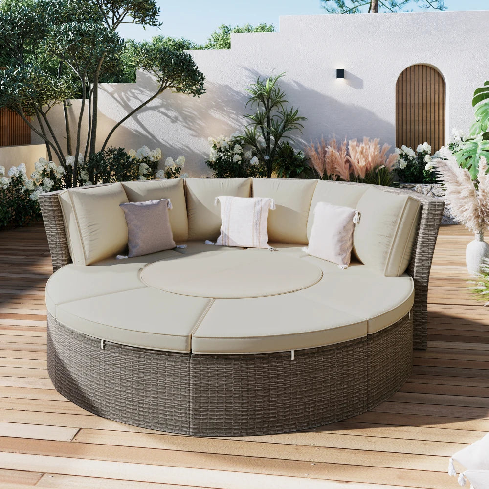 5-PCS Round Rattan Sectional Sofa Set All-Weather PE Sunbed Daybed with Round Liftable Table for Outdoor Backyard Poolside Gray