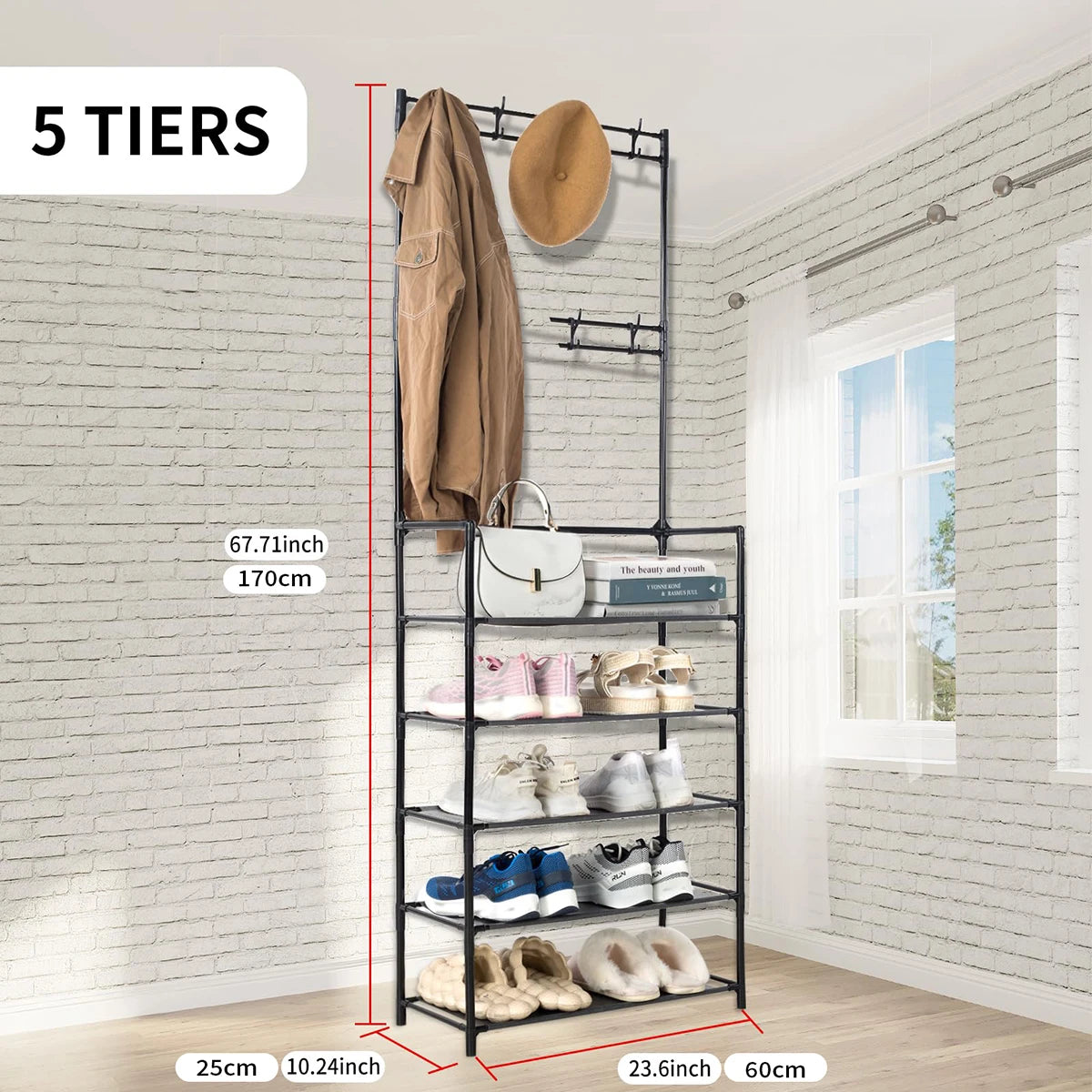Entryway Coat Rack, Shoe Rack for Entryway, Coat Rack Freestanding with 4-Tier Storage Shelves and 8 Double Hooks, for Living Ro