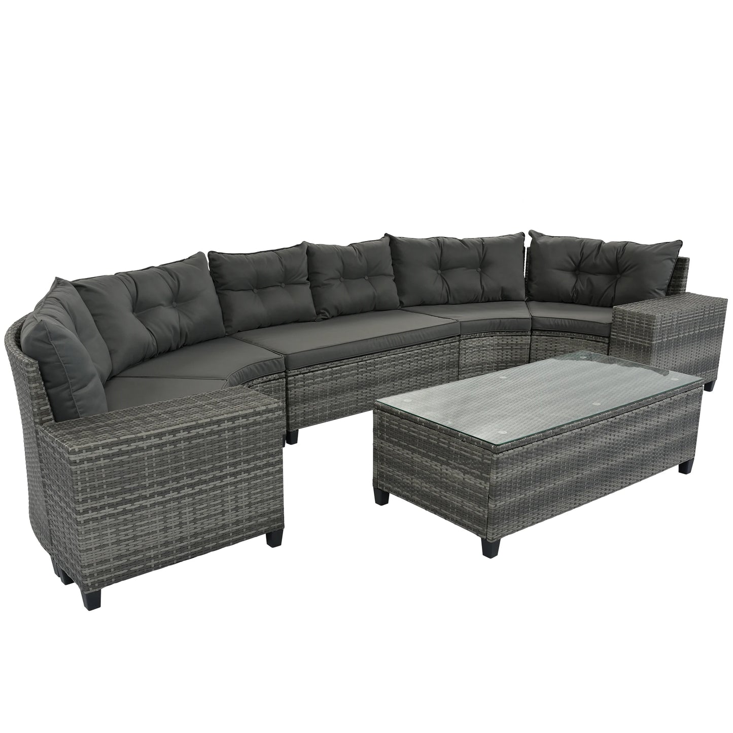 8-pieces Outdoor Wicker Round Sofa Set, Half-Moon Sectional Sets All Weather, Curved Sofa Set With Rectangular Coffee Table, PE