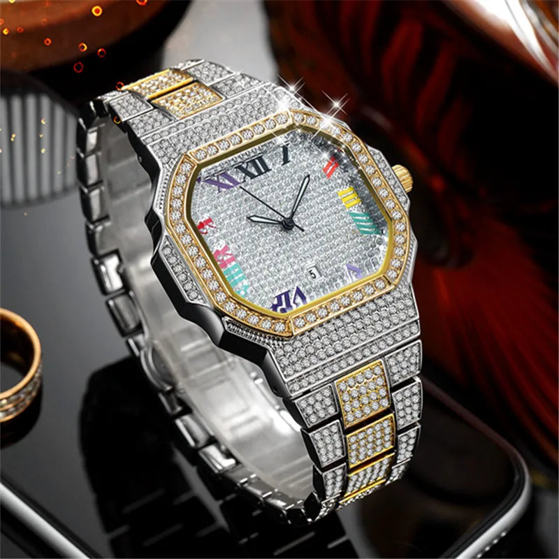 Original Big Brand Watches For Men Fashion Casual Alloy Band Hip Hop Diamond Luxury Golden Date Quartz Watch Relogio Masculino
