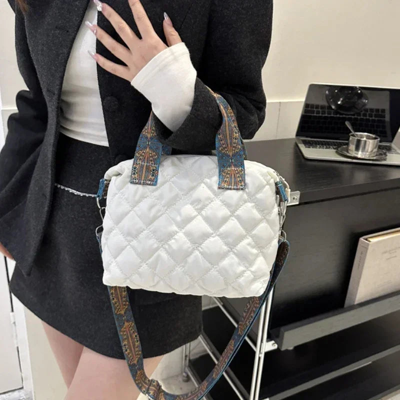 Women Wide Shoulder Belt Handbag Large Capacity All-Match Shopping Tote Bag Fall/Winter Rhombus Space Cotton Shoulder Bag