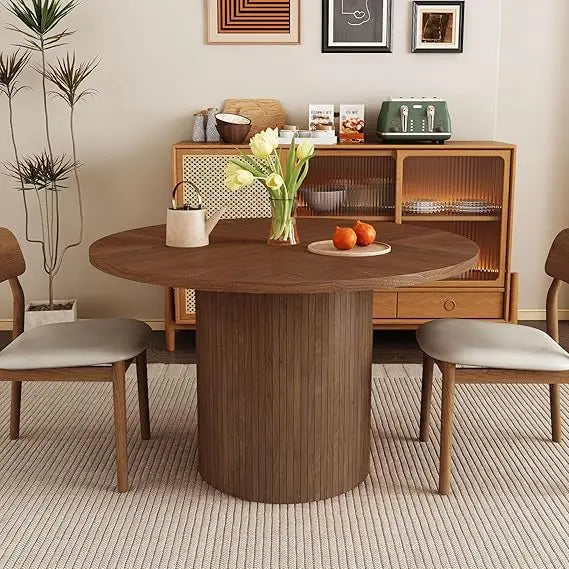 Round Dining Table for 4, Modern Farmhouse Kitchen Table, 47 Inch Small Circle Dining Tables with Wood Strip Base for Kitchen Li