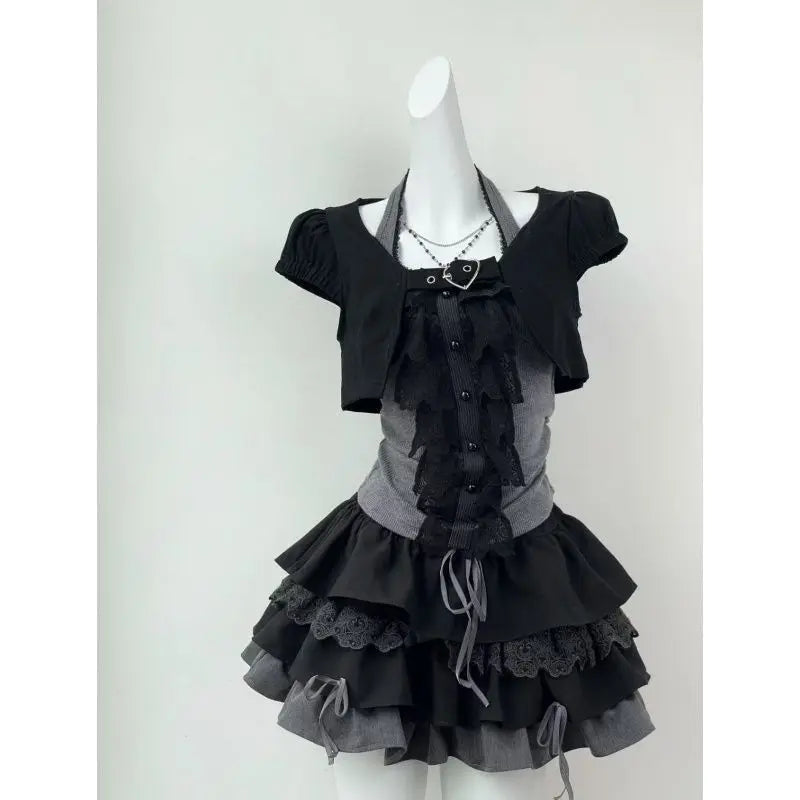 Women's Clothing Japanese 3 Piece Sets Patchwork Lace Tshirts Crop Vest Bow Sweet Skirt Outfits Roupas Femme Chic Summer Suit
