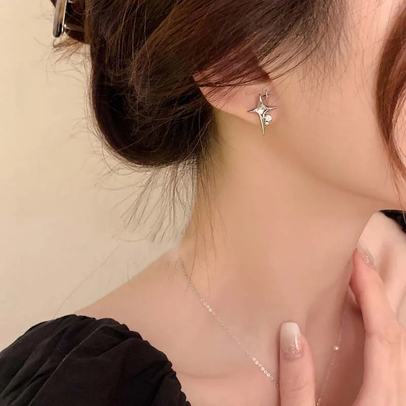 2025 Fashion Silver Color Cross Star Zircon Stud Earrings for Women Girl Korean Four-Pointed Star Personality Earrings Jewellery