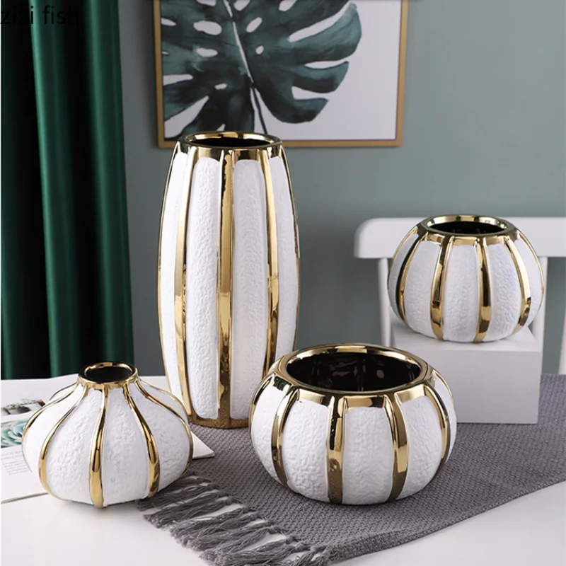 White Gold Ceramic Vase Desktop Flower Arrangement Hydroponic Vases Dried Flowers Vase Plant Vases Flowerpot Decoration Crafts