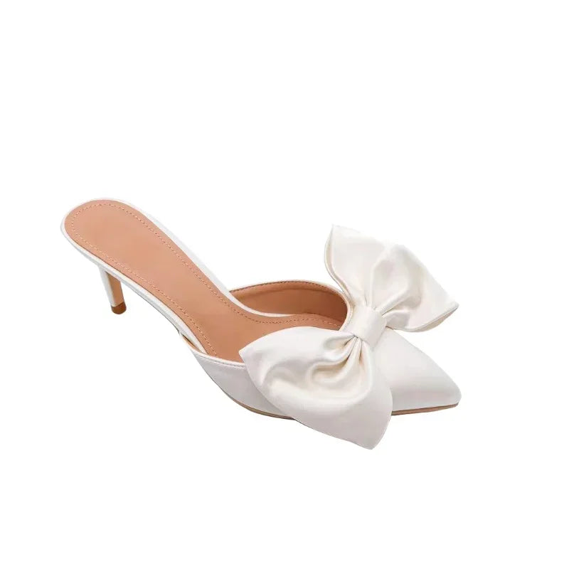 2024 Summer Women's Slippers Bowknot Cat Heel Low Heel Mid Heel Pointed Toe Shoes Slippers High Heels