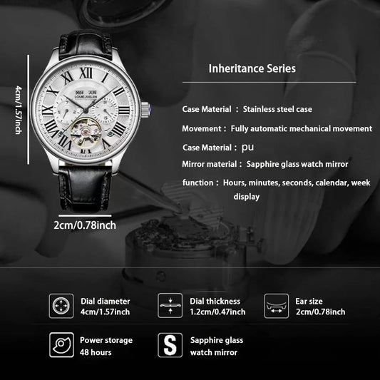(Full Automatic Mechanical Watch) Men's Multifunctional Watch, Cut Out Perspective Small Plate, Roman Numeral Scale Dial, No Battery Required