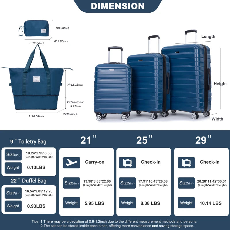 Luggage set of 5 pieces, expandable hard PC luggage set with TSA lock for rotating wheels, polychrom lightweight rolling luggage