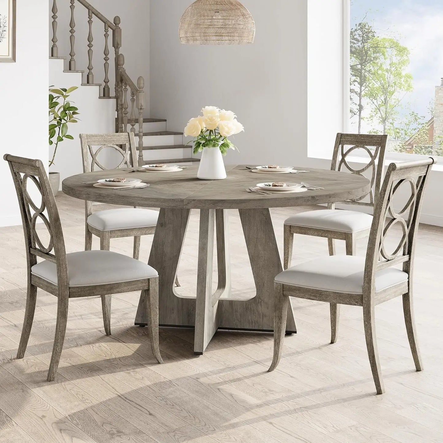 Round Large Dining Table Farmhouse Dinner Table with Wooden Top and Legs for Home Dining Room