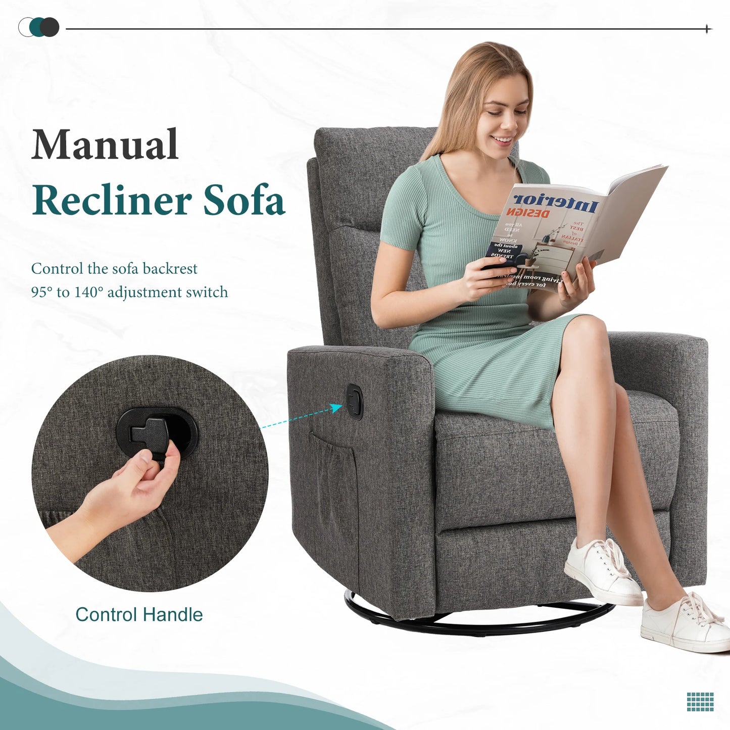 JHK Swivel Rocking Living Room Sofa Manual Upholstered Seating Recliner Angle Adjustable with Extra Large Footrest for Bedroom