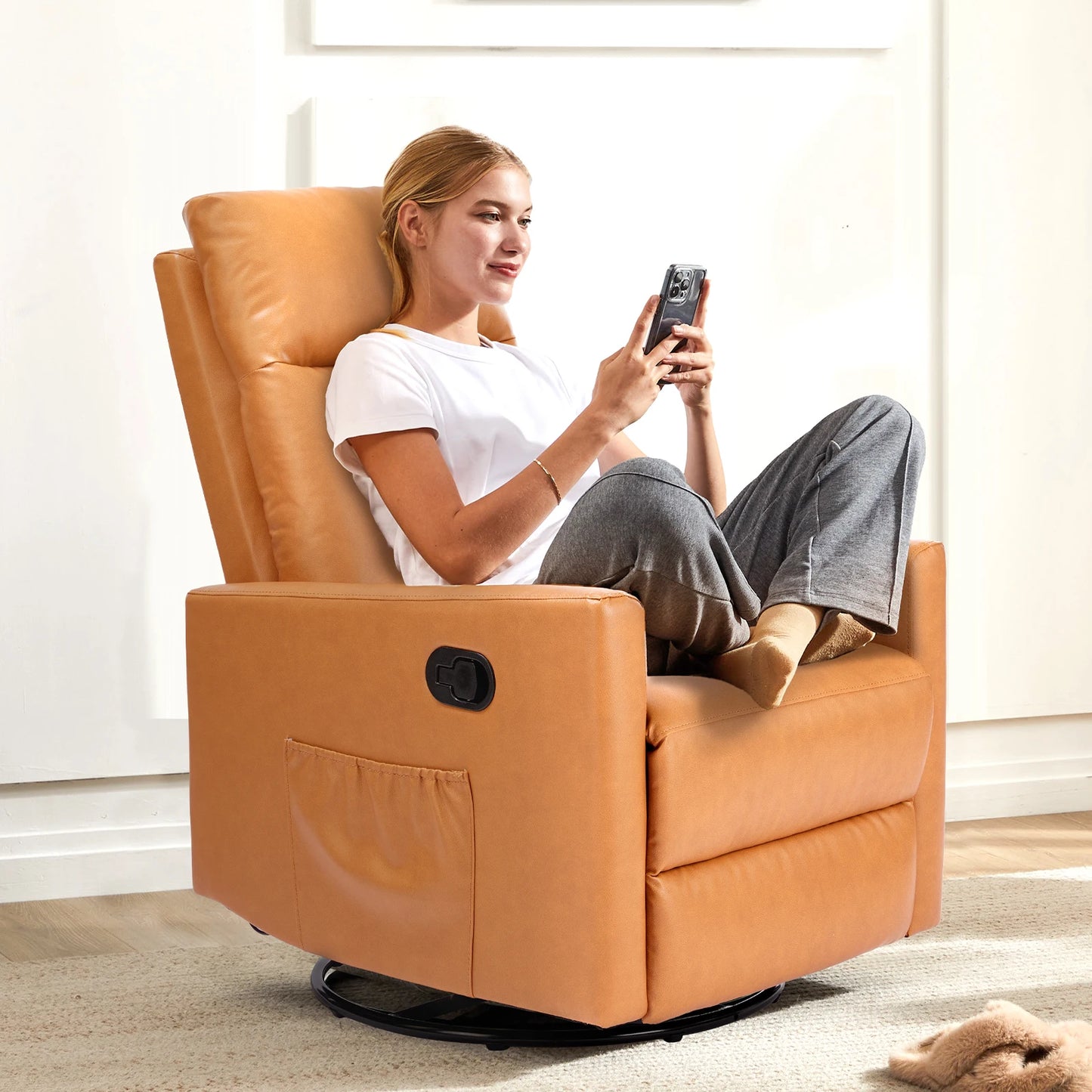 JHK Swivel Rocking Living Room Sofa Manual Upholstered Seating Recliner Angle Adjustable with Extra Large Footrest for Bedroom