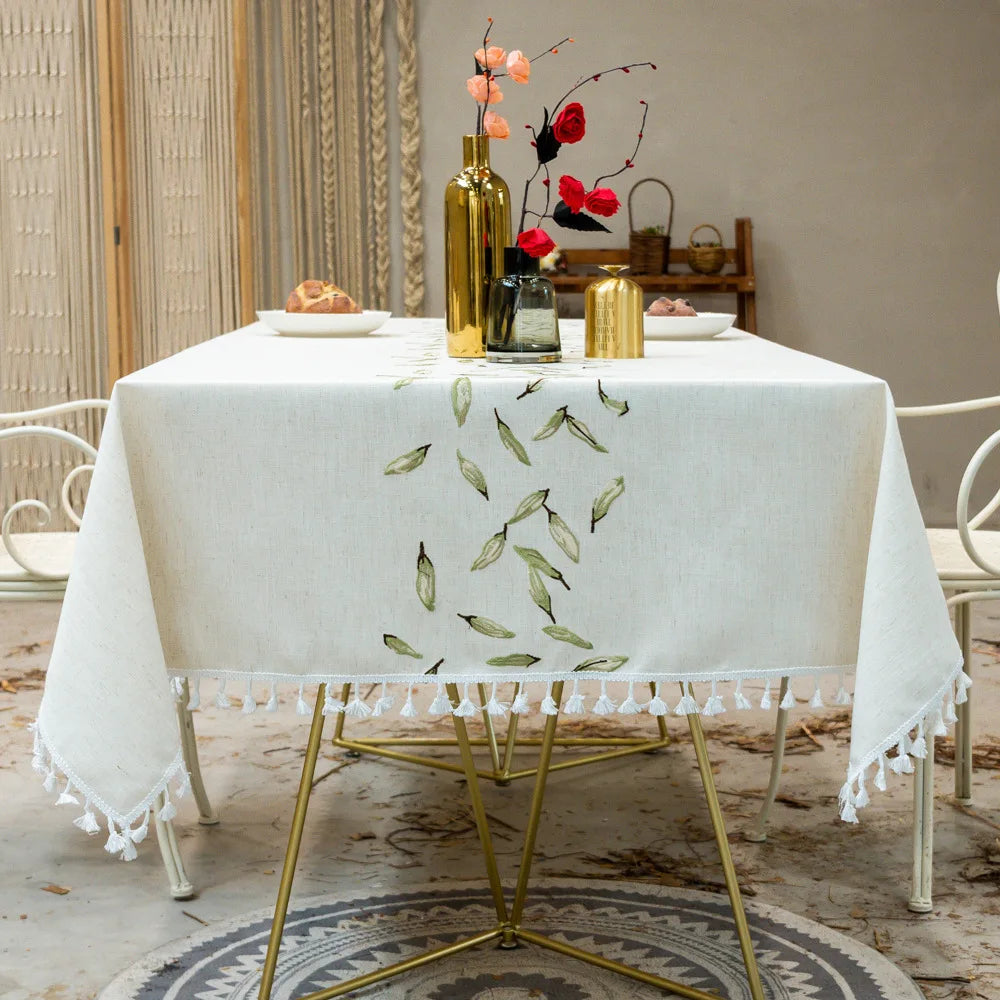 Embroidered Floral Pattern Tablecloth for Dining Table,Dust Proof Spillproof Soil Resistant Cotton Linen Rectangle Table Cover