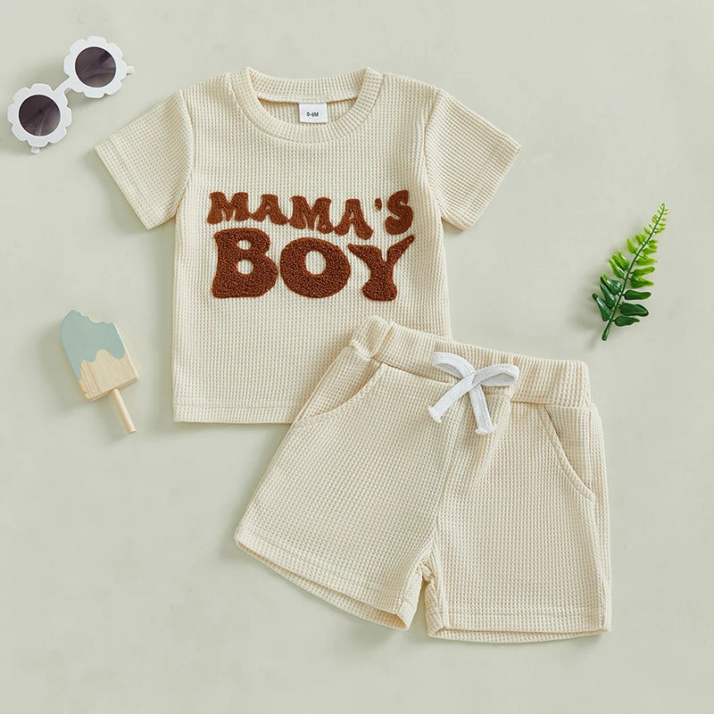 Toddler Baby Boy Summer Outfit Letter Embroidery Short Sleeve T-shirt Solid Shorts Waffle Knit Set